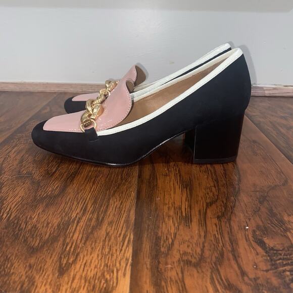 TORY BURCH Jessa Mid Heel Pump Loafers 5 Black Suede Pink Leather Slip On Gold - Picture 4 of 9